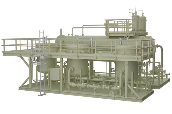 A rendering of two vertical separators on a separation system platform used to remove liquid, gas, and/or sand from industrial process streams. A rendering of two vertical separators on a separation system platform used to remove liquid, gas, and/or sand from industrial process streams.